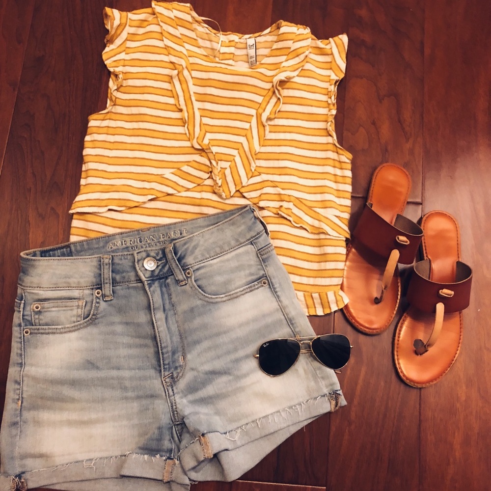 High waisted light wash jean shorts